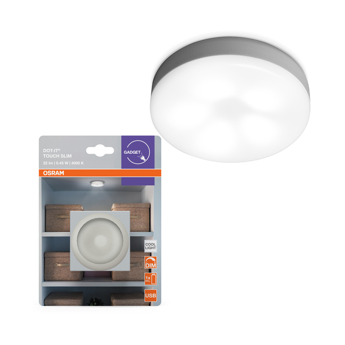 Kerek LED-lámpa az Osram Dot-It Touch Slim csomagolása mellett, fehér háttérben.