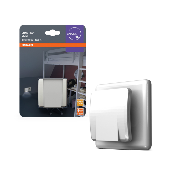 Osram Lunetta Slim LED éjszakai fény fehér csomagolásban és különállóan állva.