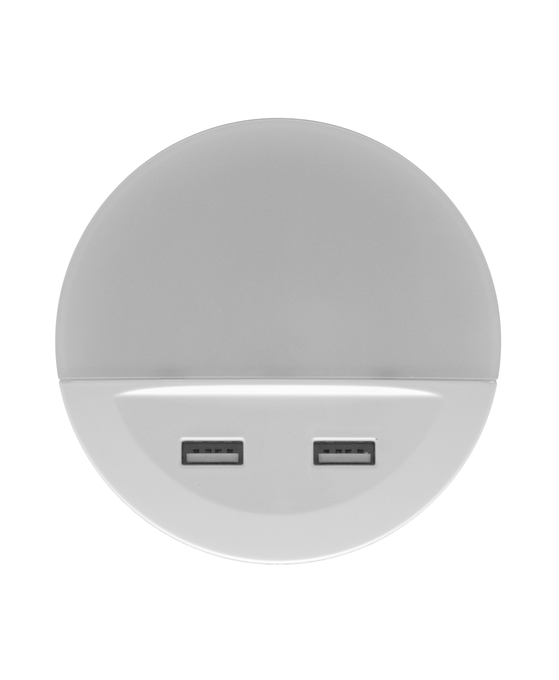 Kerek, fehér fali lámpa alul két USB-porttal, fehér háttérrel.