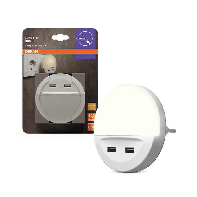 Osram Lunetta USB éjjeli fény két USB porttal, a csomagolásával együtt.