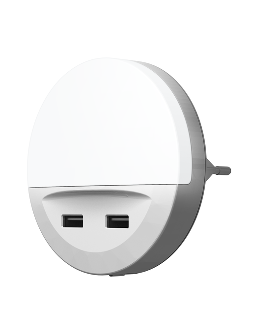 Kerek, fehér éjszakai fény két USB-porttal, fehér háttér előtt.