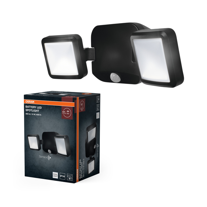 Fekete Osram akkumulátoros LED reflektor két fénnyel és mozgásérzékelővel, mellette a termék csomagolása.