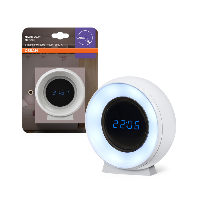 Osram Nightlux óra csomagol ásban és világító eszközként kék digitális kijelzővel.