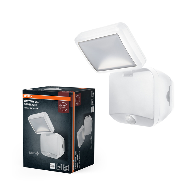 Osram elemes LED reflektor mozgásérzékelővel a fekete-narancssárga csomagolása mellett.