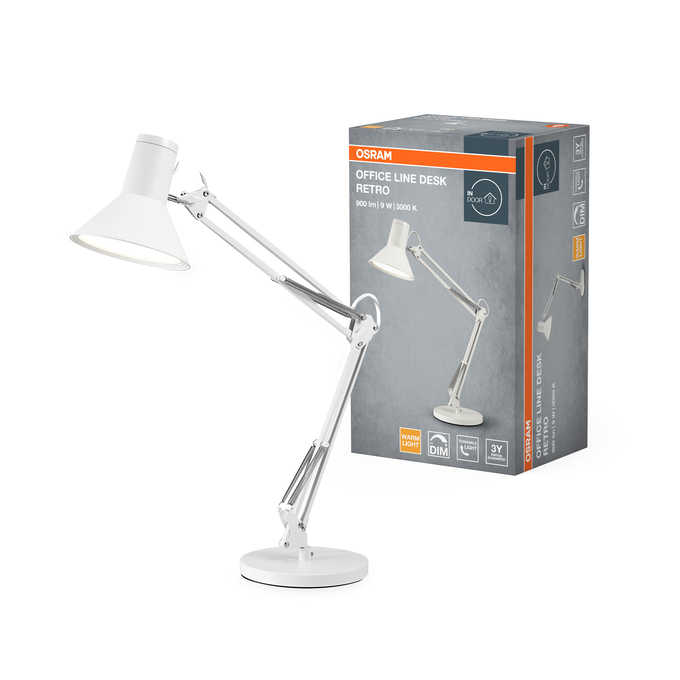 Egy fehér Osram retro íróasztali lámpa áll a hozzá tartozó doboz mellett fehér alapon.