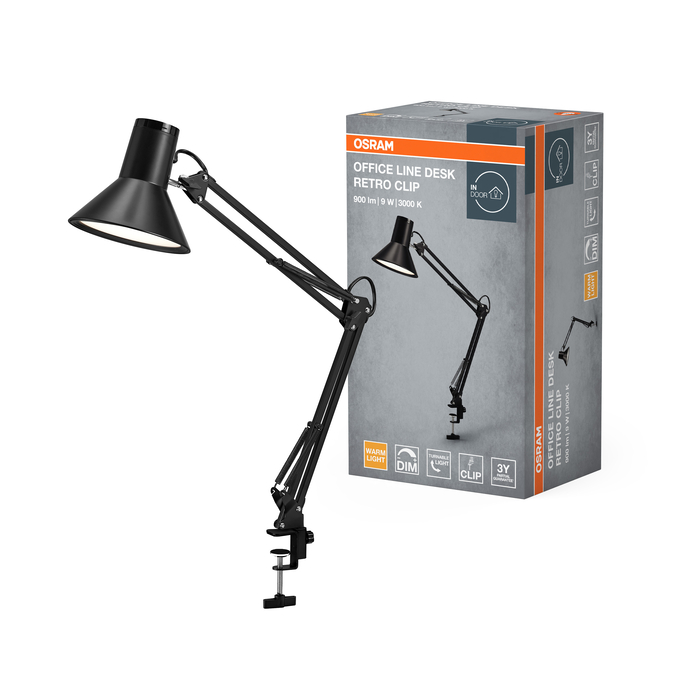 Fekete Osram retro csíptetős íróasztali lámpa állítható karral a termék doboza mellett fehér háttér előtt.