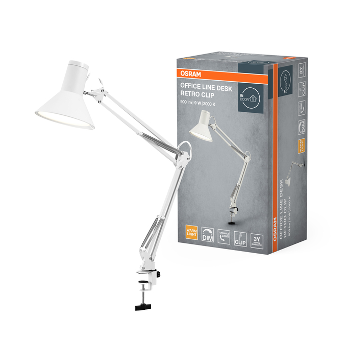 Egy fehér Osram Office Line Desk Retro Clip íróasztali lámpa áll a szürke csomagolódoboza mellett.