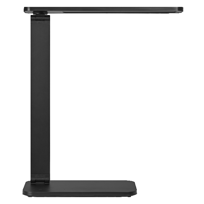 Elegáns, fekete LED-es íróasztali lámpa tiszta vonalakkal, fehér háttérrel.