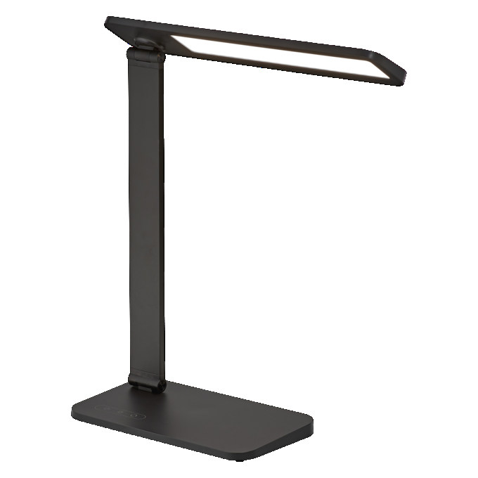 Modern fekete LED íróasztali lámpa téglalap alakú talppal és állítható karral, fehér háttér előtt.