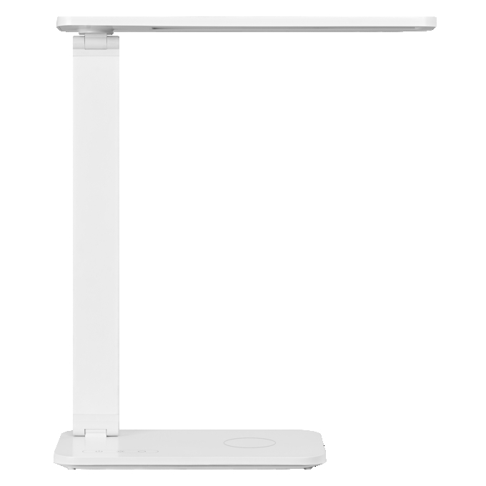Egy fehér, modern LED-es íróasztali lámpa lapos fejjel és téglalap alakú talppal.