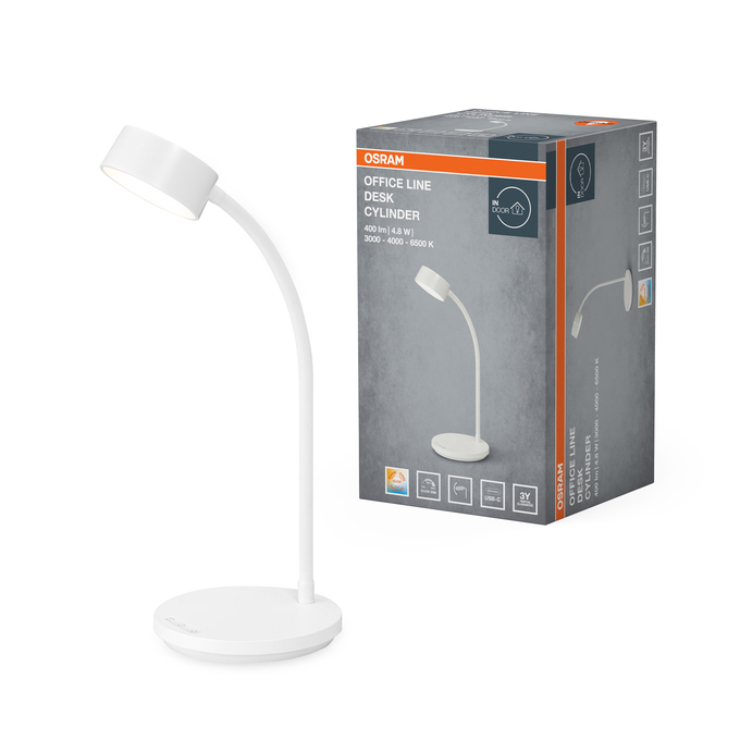 Egy fehér Osram LED íróasztali lámpa hajlékony nyakkal a szürke csomagolódoboza mellett.