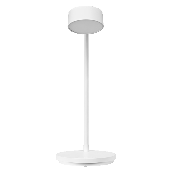 Minimalista fehér asztali lámpa kerek talppal és hengeres ernyővel.