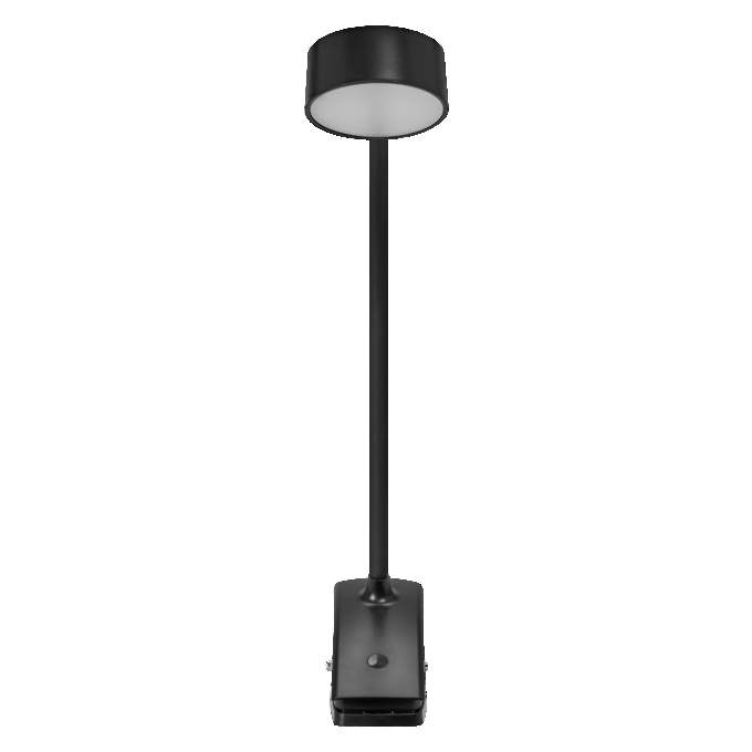 Fekete LED-es csíptetős lámpa kerek búrával és hajlékony nyakkal fehér háttér előtt.