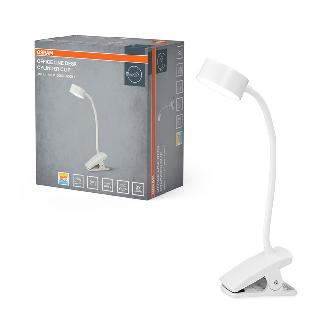 Egy fehér Osram LED csíptetős lámpa hajlékony nyakkal a szürke doboza mellett.