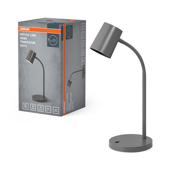 Szürke OSRAM Office Line Desk Trapezium GU10 asztali lámpa a csomagolása mellett.