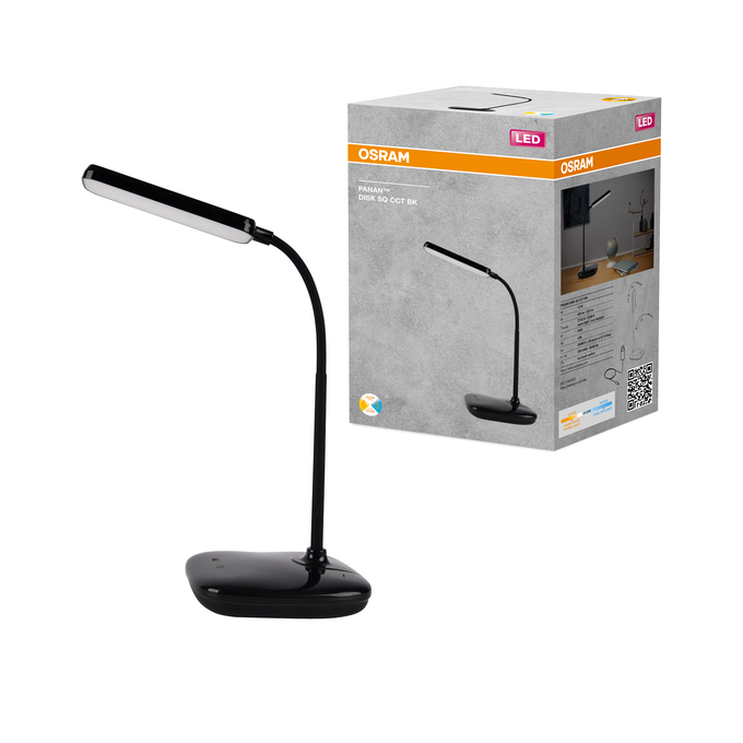 Fekete Osram LED-es íróasztali lámpa a szürke termékdoboz mellett fehér háttér előtt.