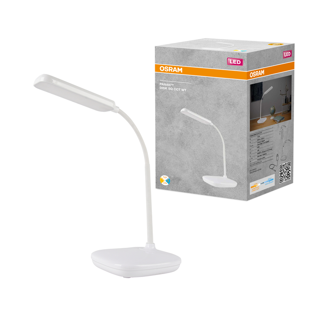 Egy fehér Osram LED asztali lámpa rugalmas nyakkal a termék doboza mellett.