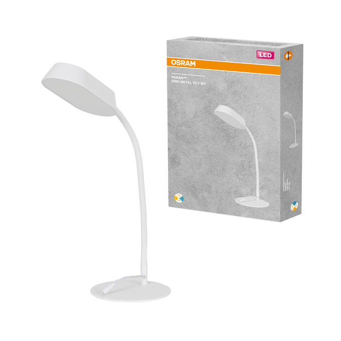 Egy fehér Osram LED-es asztali lámpa áll a szürke, narancssárga betétes csomagolása mellett, fehér háttér előtt.