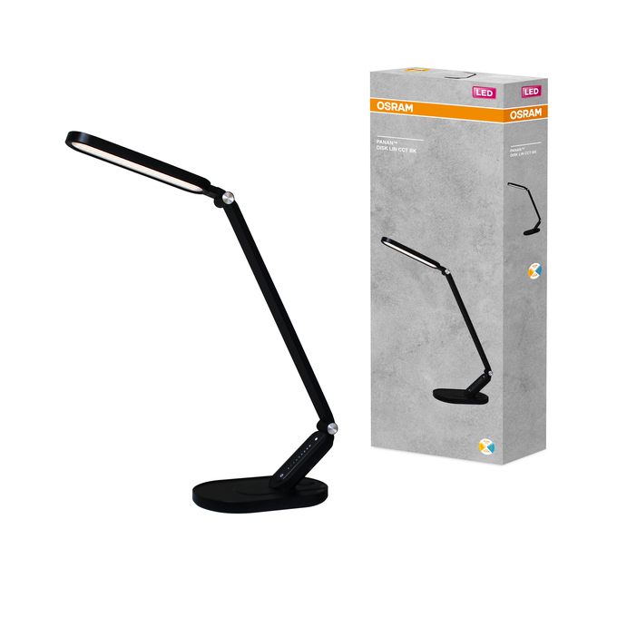 Fekete Osram LED íróasztali lámpa a szürke termékcsomagolása mellett.