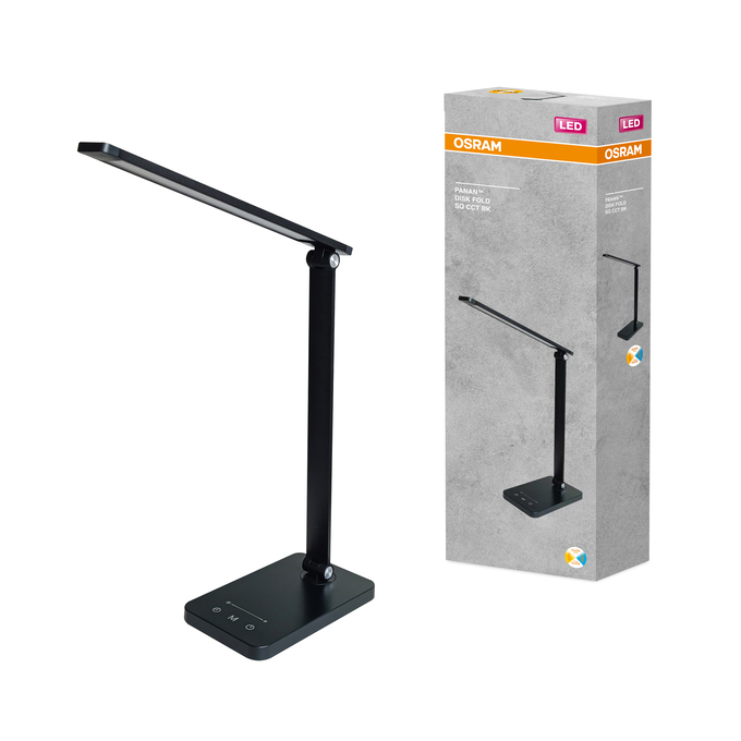 Fekete Osram LED íróasztali lámpa a termékdoboz mellett.
