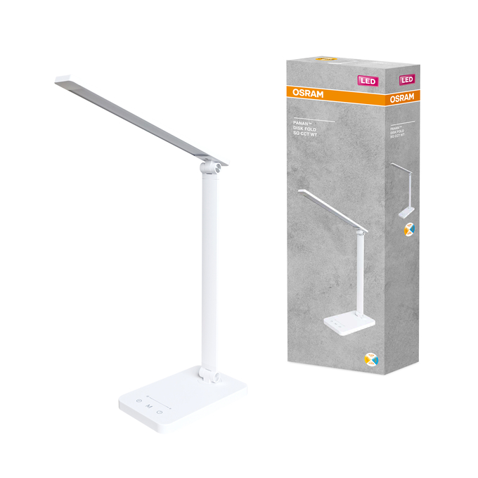Egy fehér Osram LED íróasztali lámpa áll a szürke termékdoboz mellett.