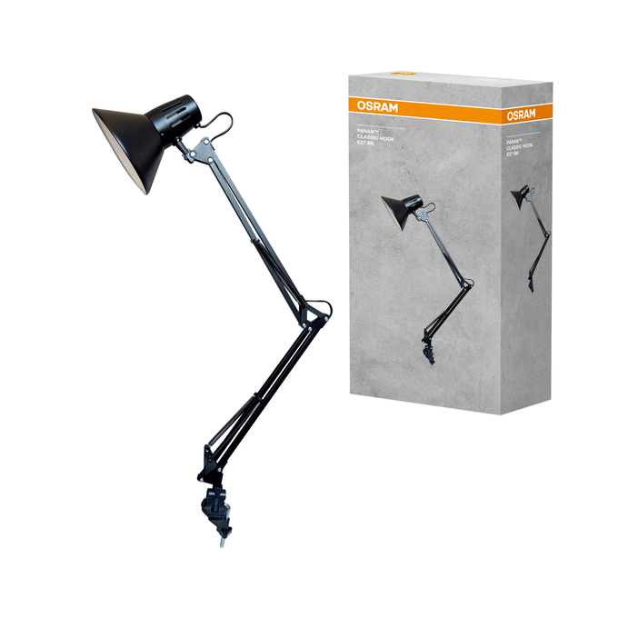 Fekete Osram Panan Classic Hook E27 asztali lámpa a szürke termékdoboz mellett.