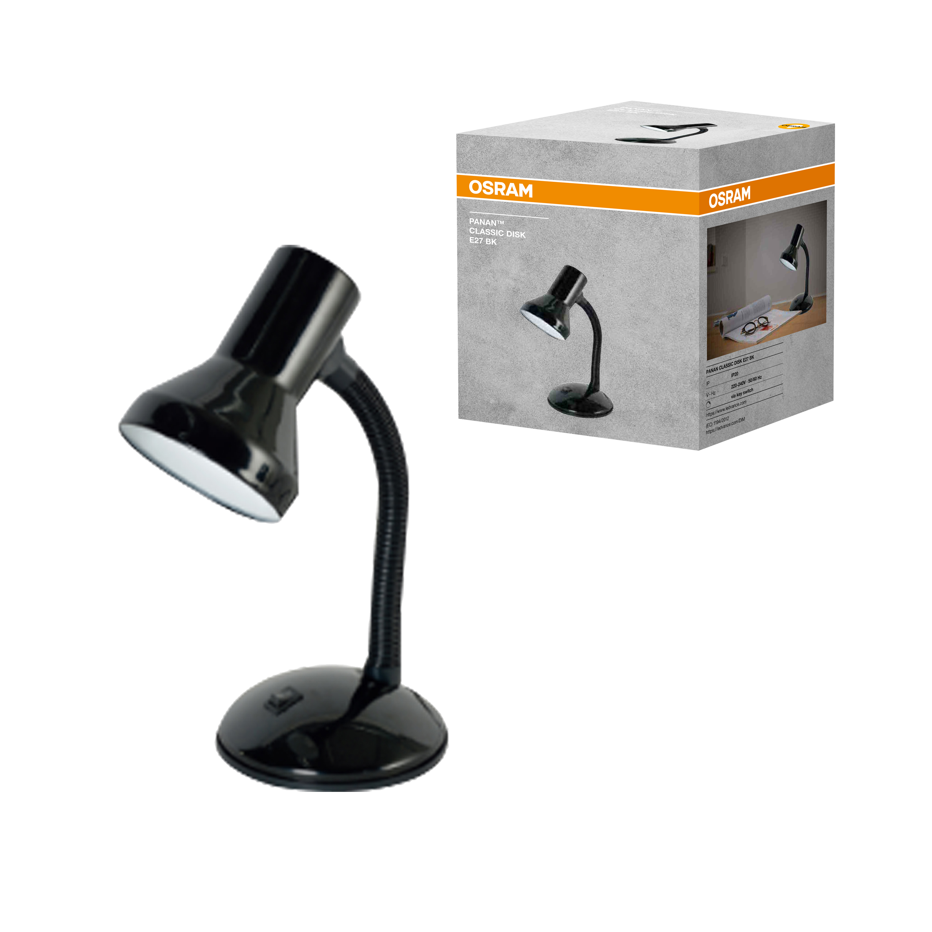 Egy fekete Osram íróasztali lámpa rugalmas hattyúnyakkal a termékdoboz mellett áll fehér háttéren.