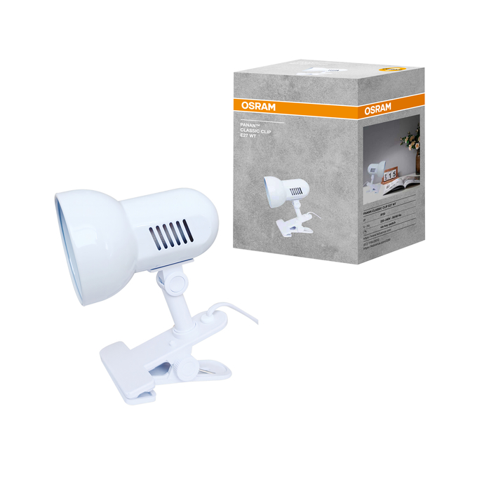 Egy fehér Osram Panan Classic Clip lámpa áll a nyomtatott termékdoboza mellett.