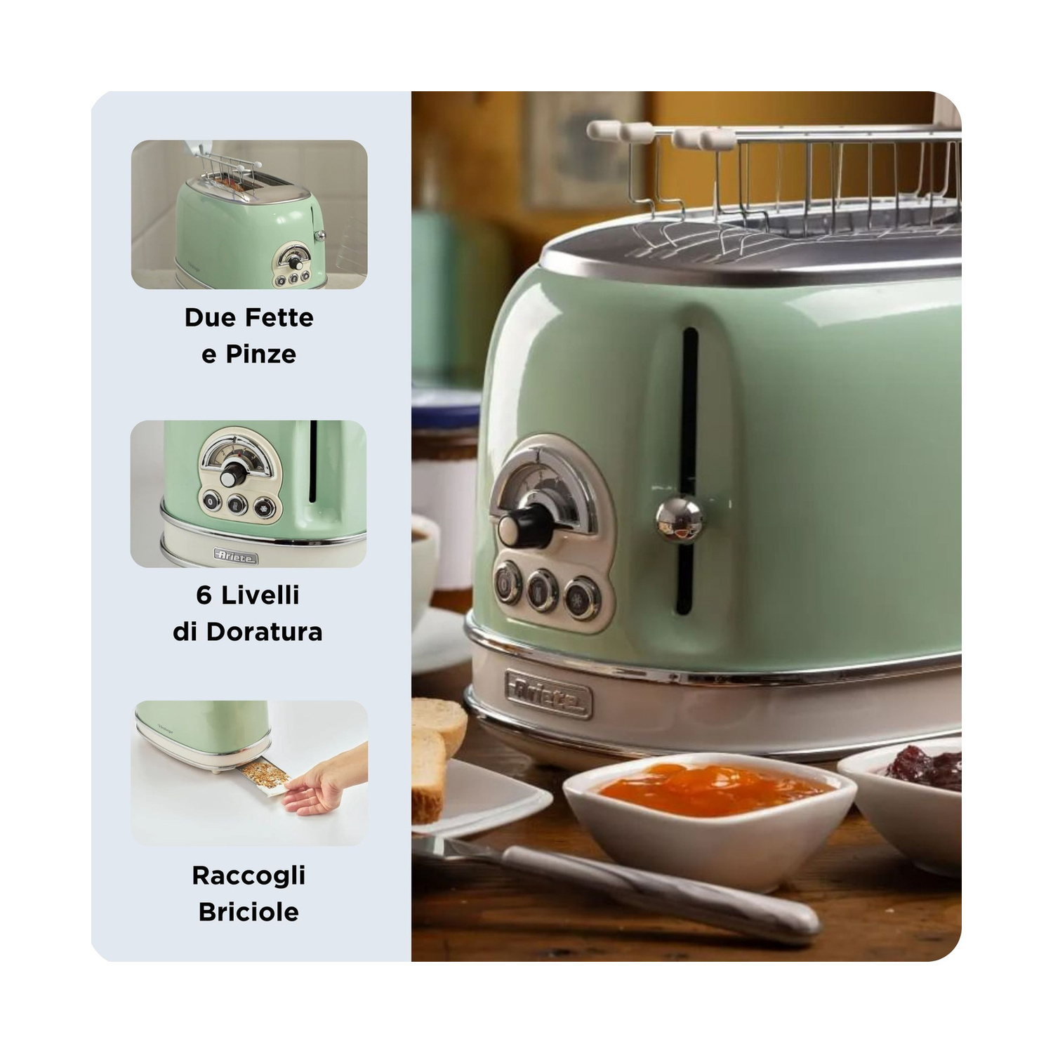 Tapane vintage verde menta con pinze, fette di pane e due ciotole di marmellata su superficie in legno.