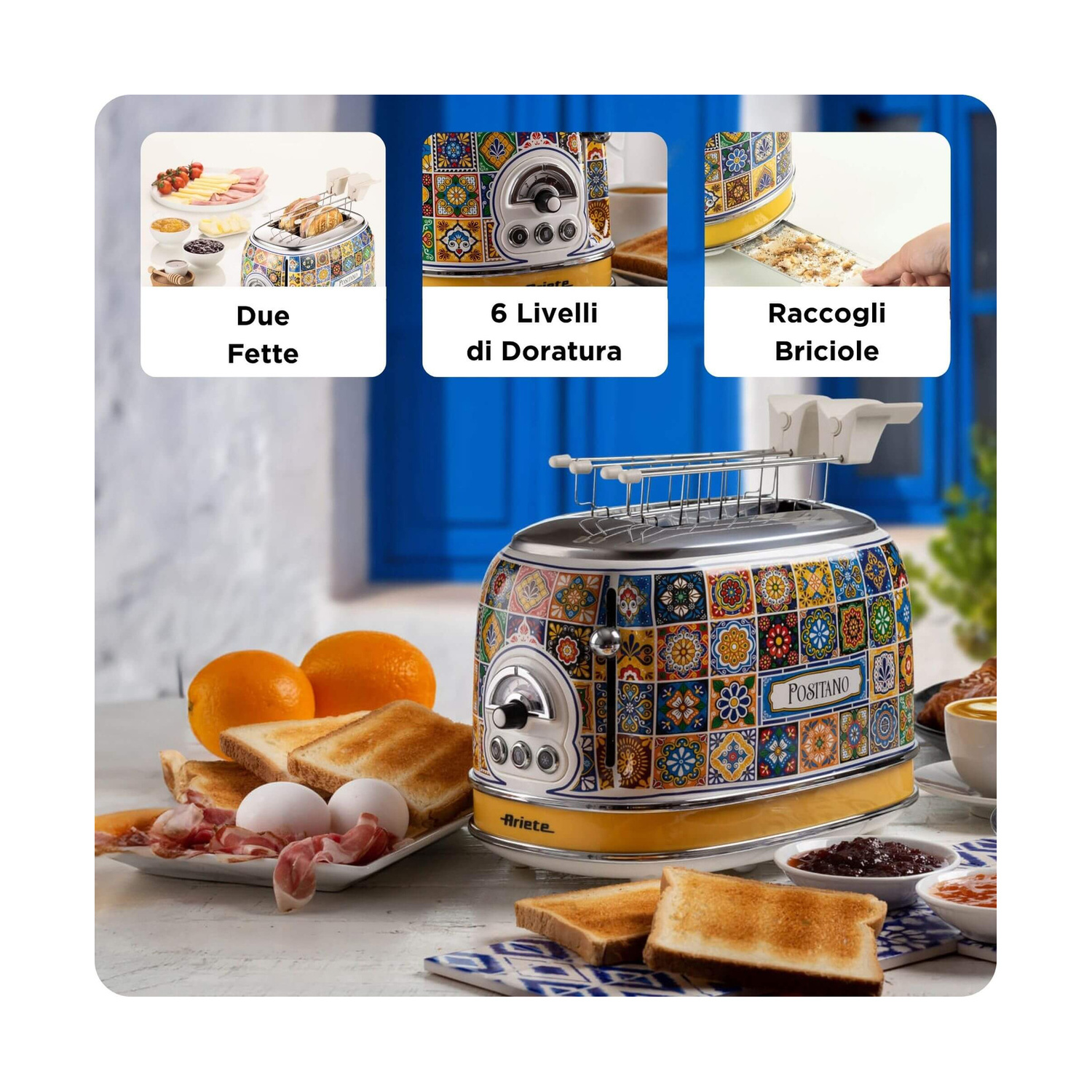 Tapeto colorato in maiolica con toast, uova e arance su un tavolo.