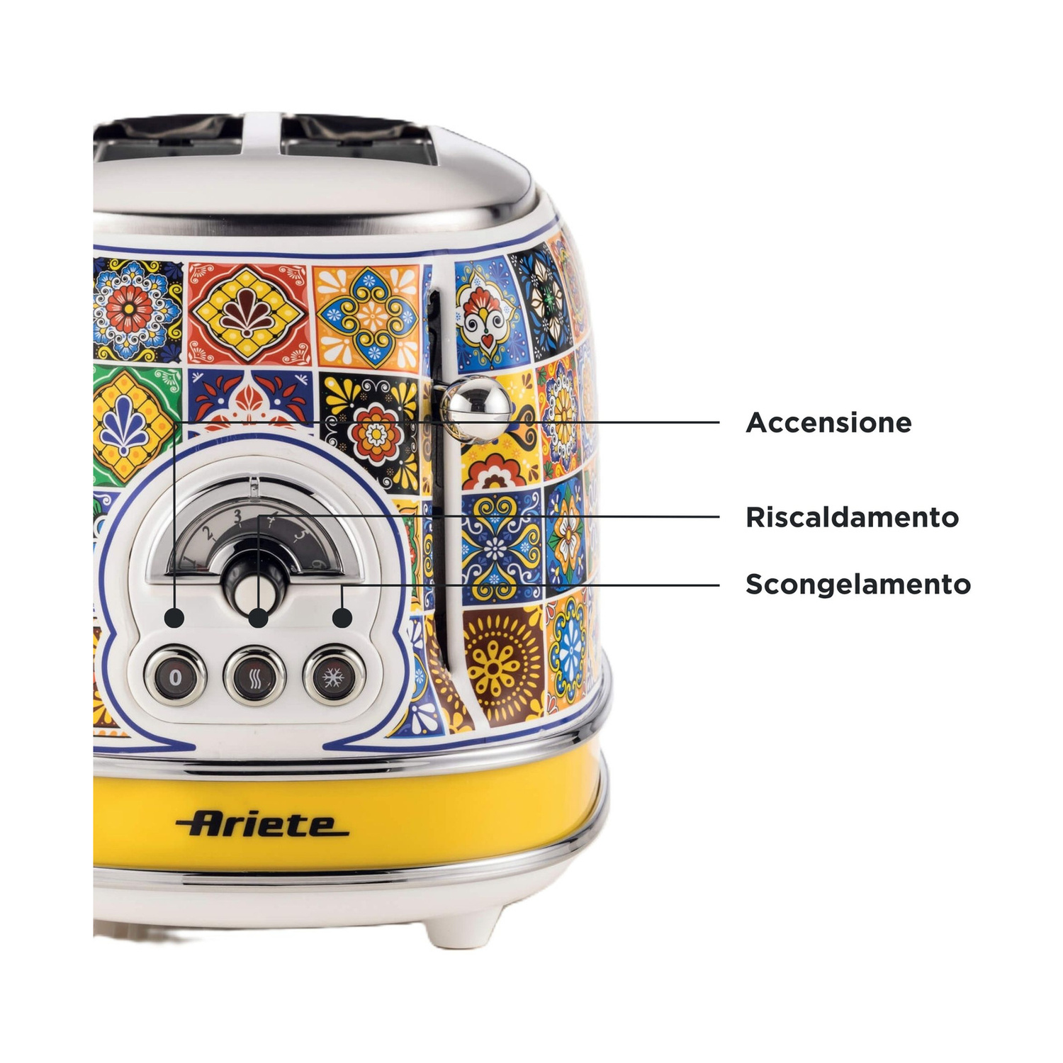 Tapapane Ariete colorato con motivi di piastrelle e pulsanti di controllo in italiano.
