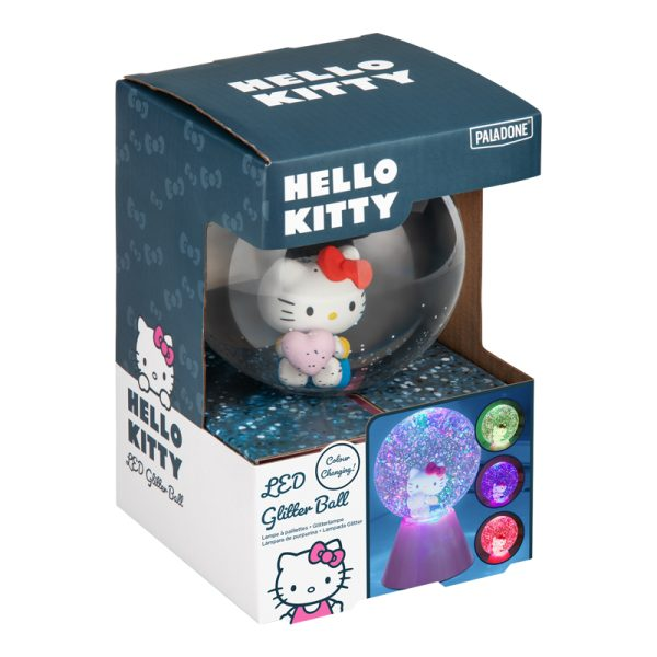 Bola de purpurina LED de Hello Kitty en envase azul y blanco sobre fondo blanco.