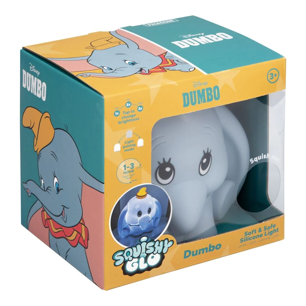 Una luz de silicona Disney Dumbo Squishy Glo dentro de su caja de embalaje.