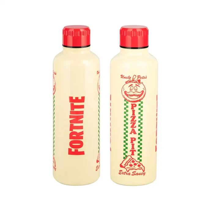 Dos botellas beiges con tapas rojas y gráficos de Fortnite Pizza Pit.