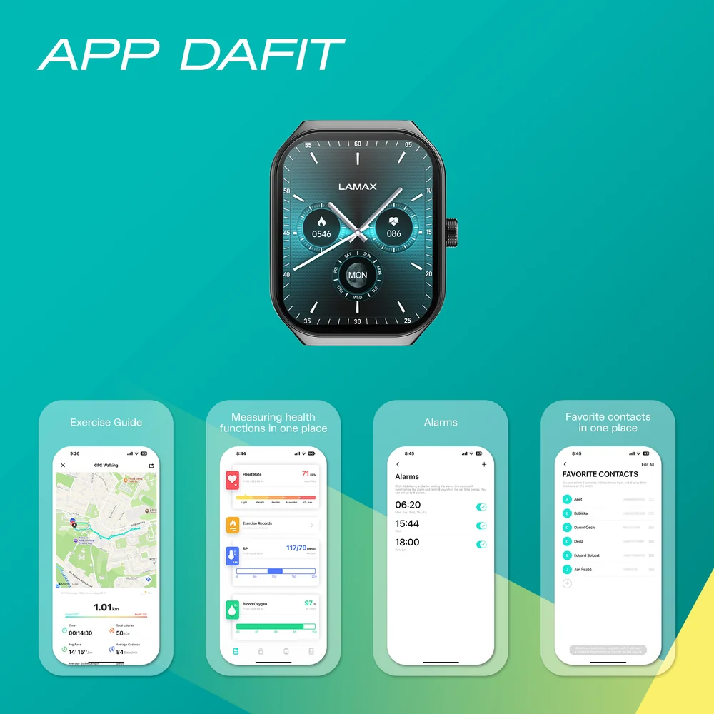 Okosóra zöld háttérrel és négy telefonnal, amelyek a Dafit app funkcióit mutatják.