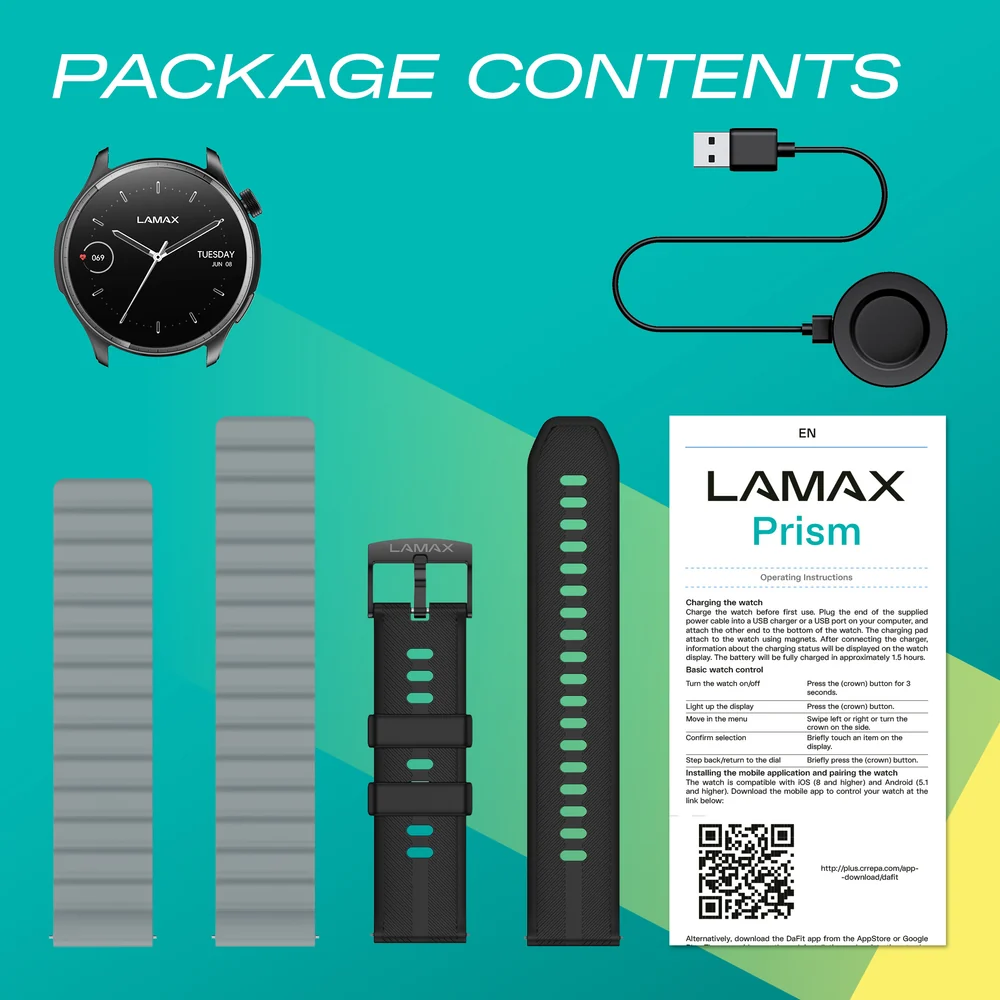 A Lamax Prism okosóra csomag tartalma: óra, szíjak, töltőkábel és kézikönyv.