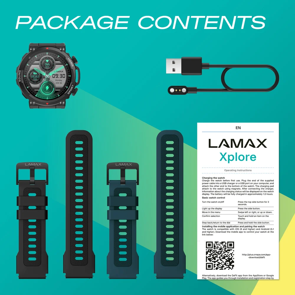 A Lamax Xplore okosóra csomag tartalma órával, USB-kábellel, két szíjjal és kézikönyvvel.