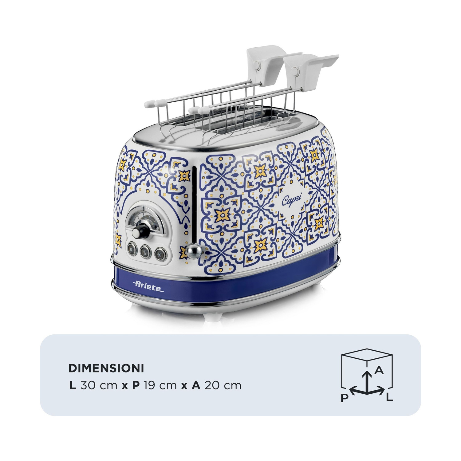 Tapane bianco Ariete con motivo blu e giallo e pinze per toast in alto.