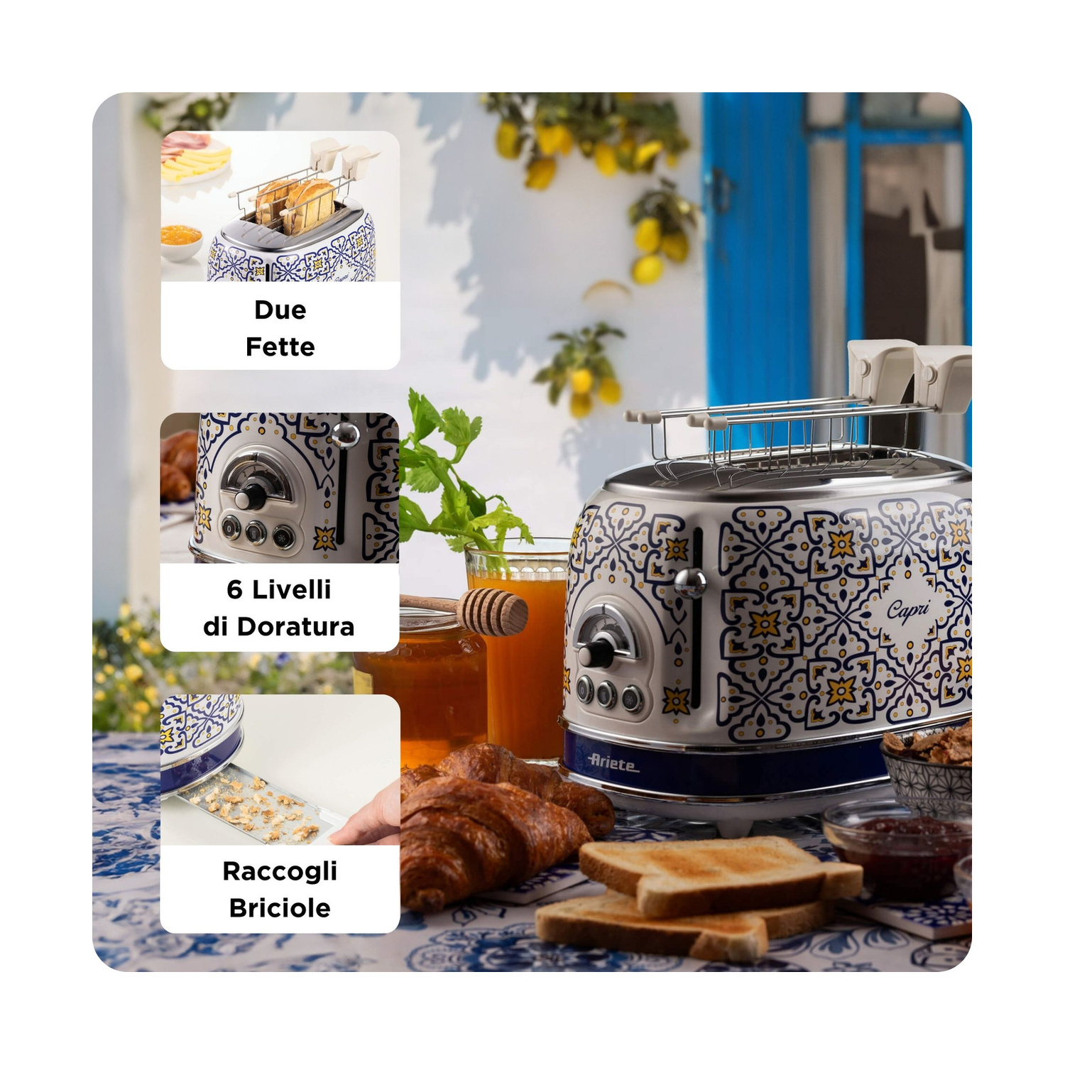 Un tostapane con motivo blu e bianco su una tavola da colazione con croissant, toast e succo.