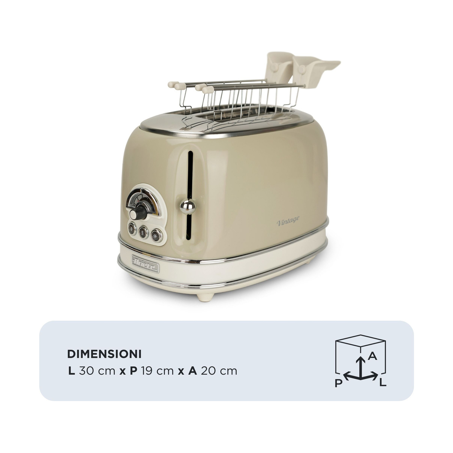 Tapane tostapane retro beige con griglia superiore, tasti e dimensioni sotto.