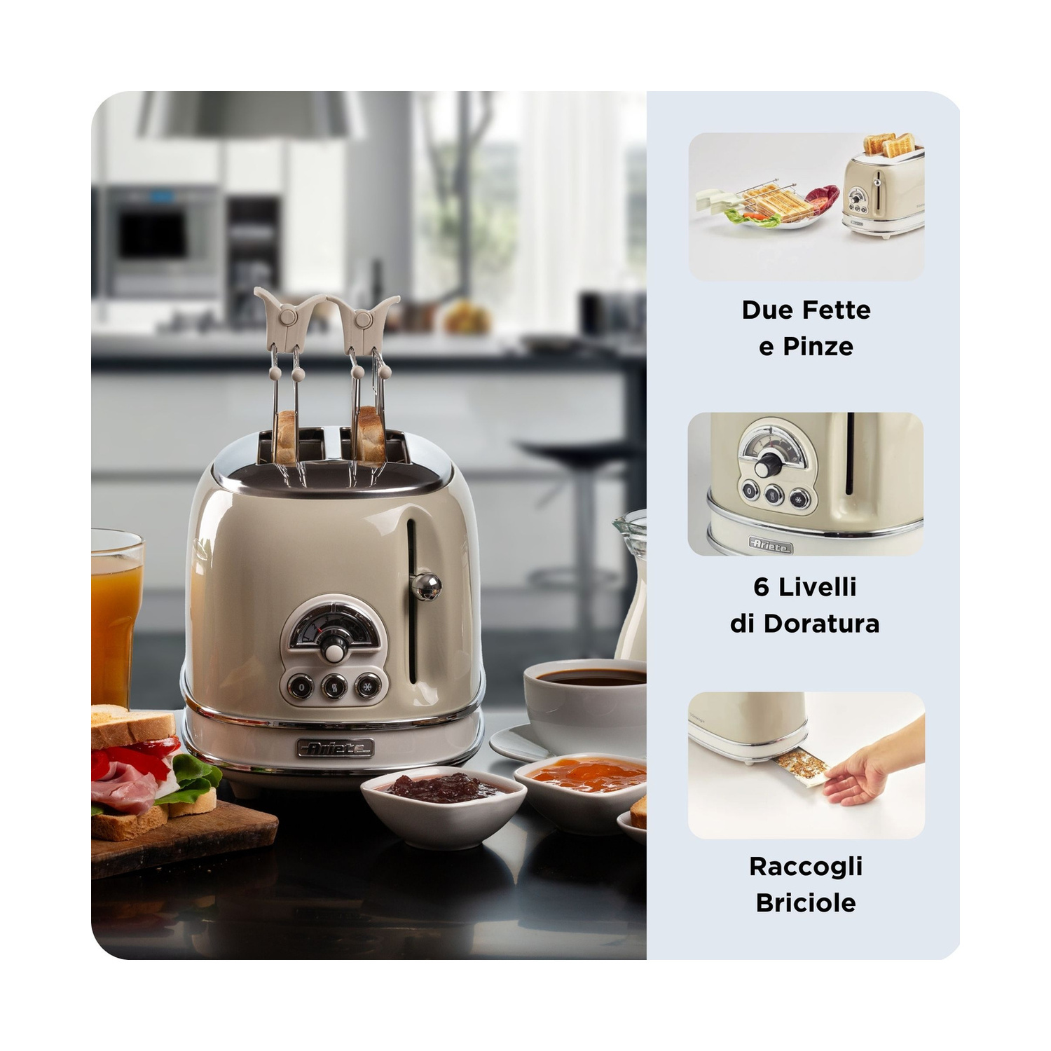 Tapane retro beige con pinze su un tavolo da cucina con colazione.
