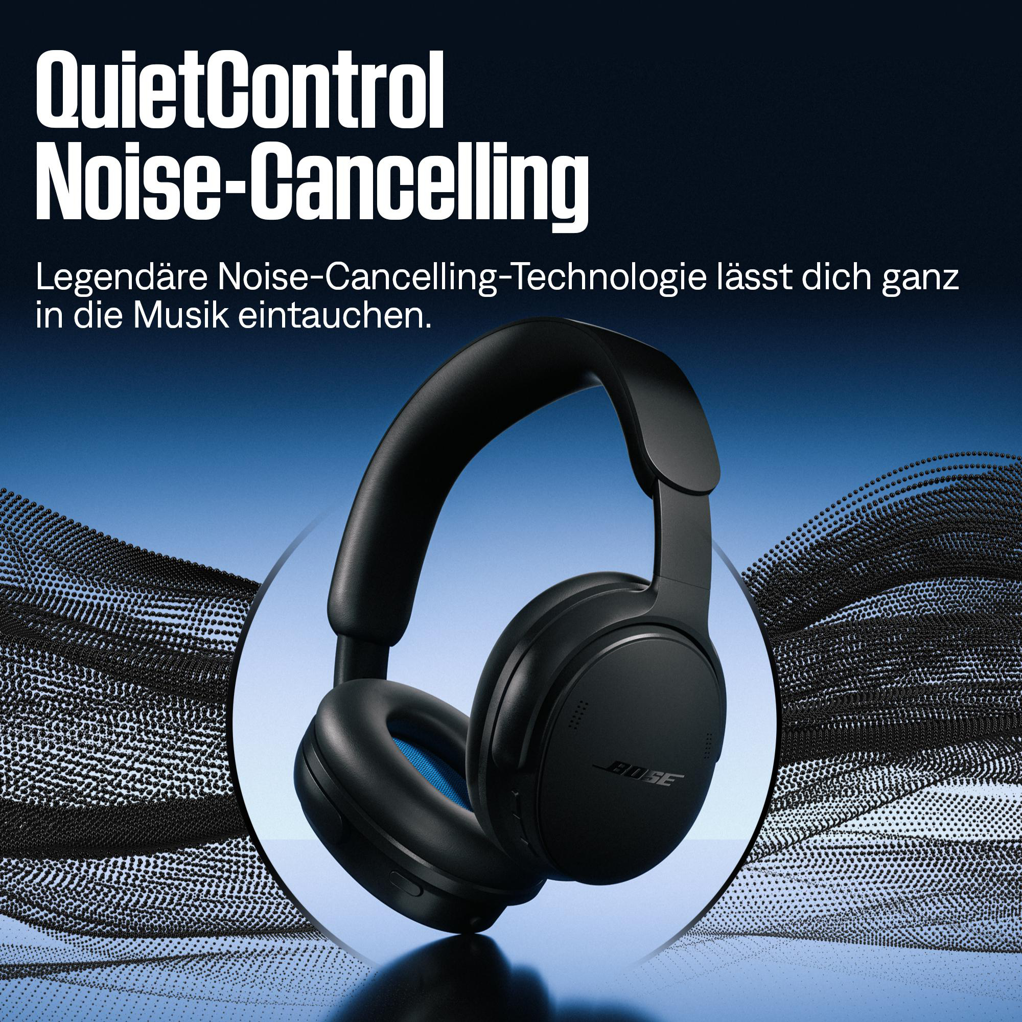 Schwarze Bose QuietControl Over-Ear-Kopfhörer vor blauem Hintergrund mit deutscher Werbeinschrift.
