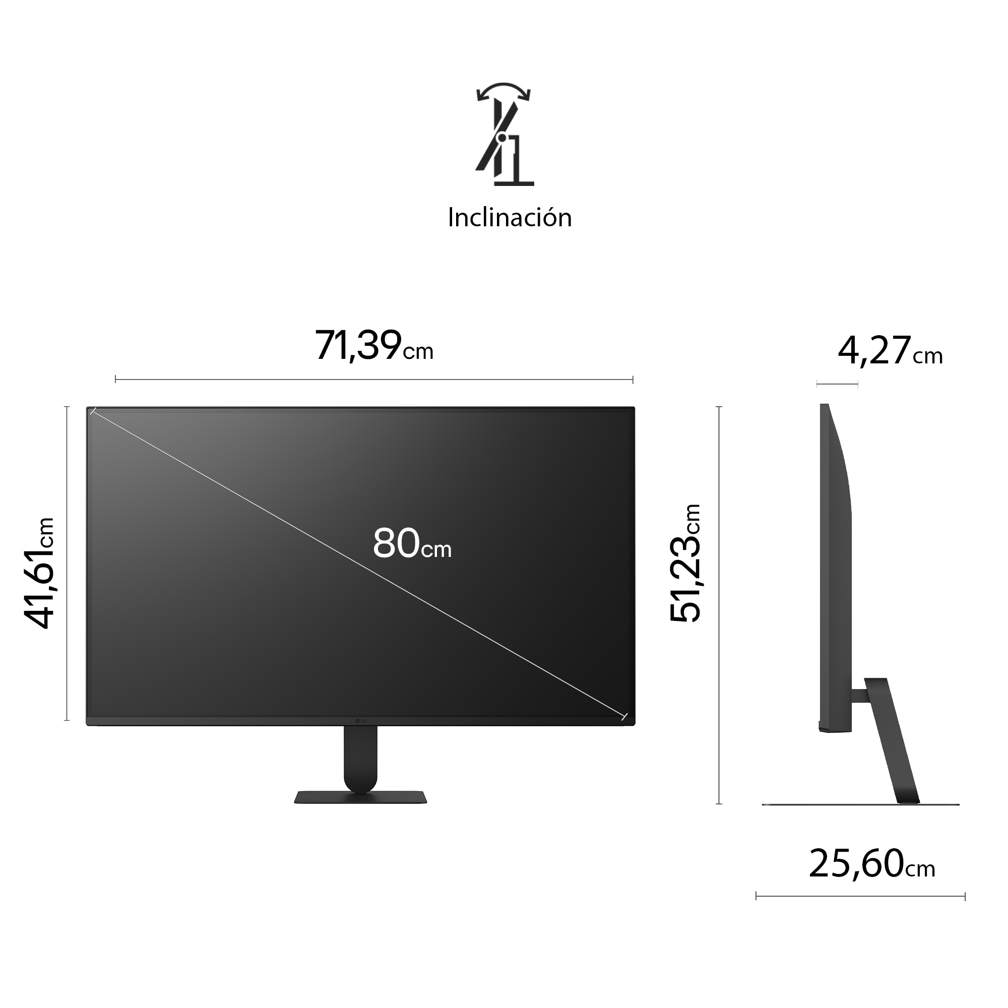 Dimensiones del monitor que muestran ancho, alto, fondo y tamaño de pantalla en centímetros, más icono de inclinación.