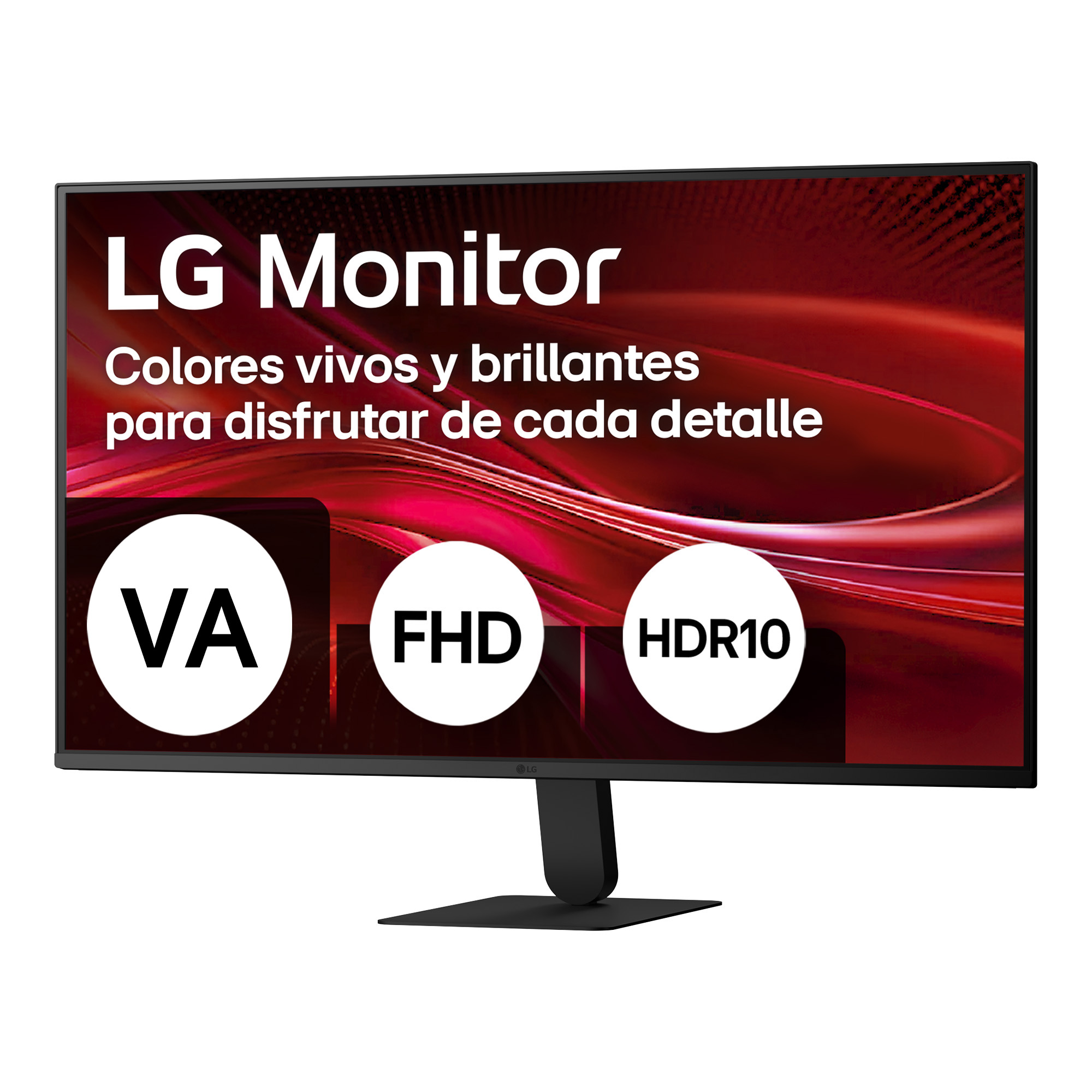 Monitor LG con pantalla roja que muestra texto y tres círculos blancos con etiquetas VA, FHD y HDR10.