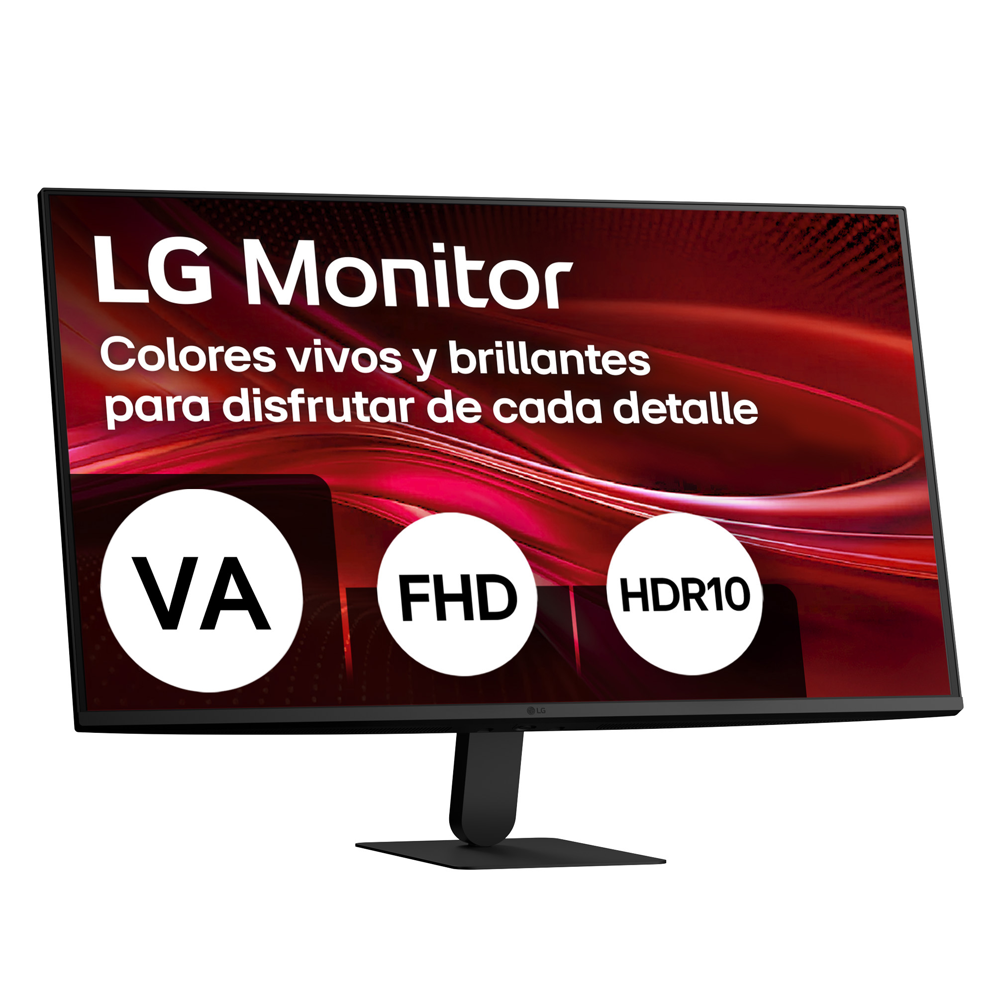 Un monitor LG con pantalla roja abstracta que muestra funciones VA, FHD y HDR10 sobre fondo blanco.