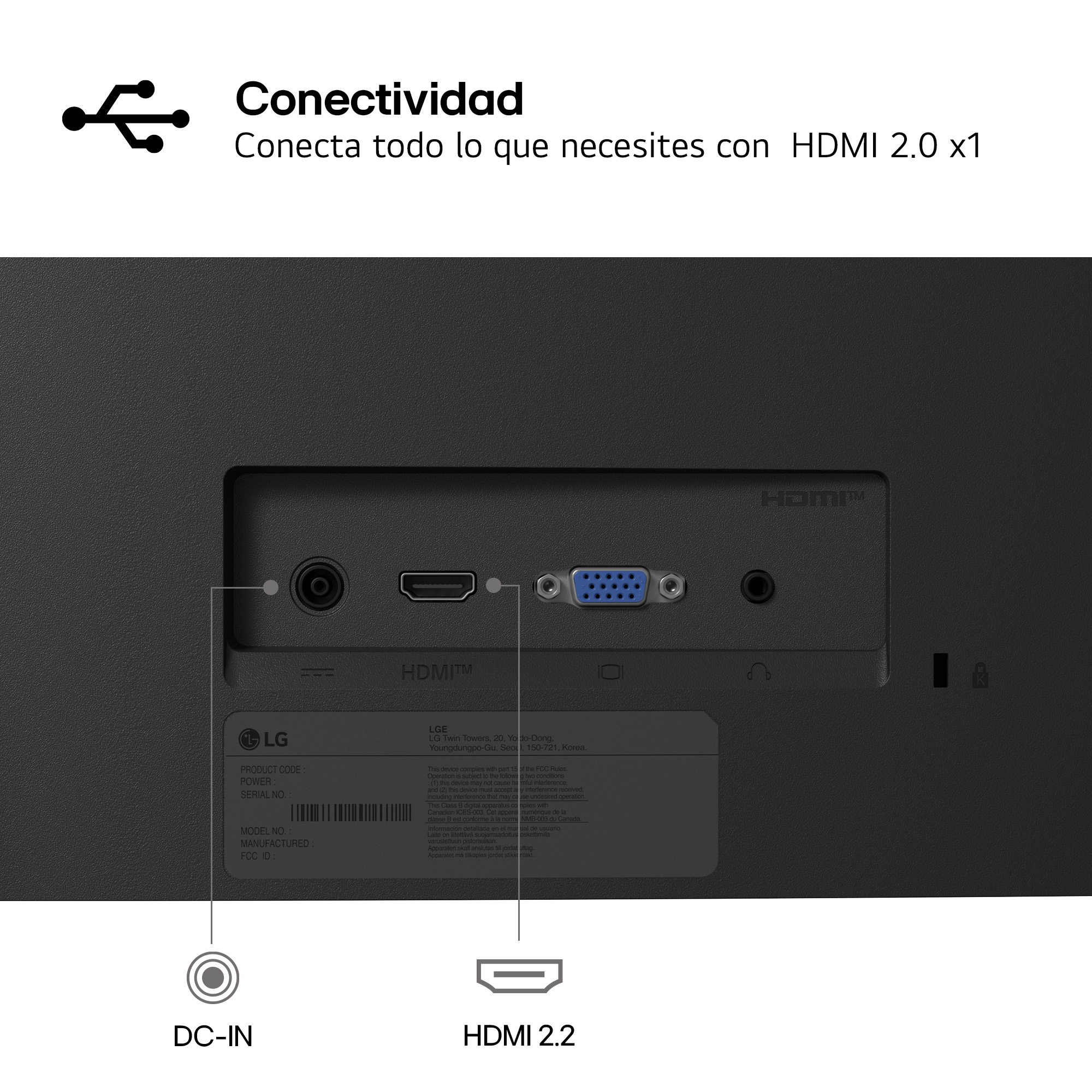 Parte trasera de un monitor LG con puertos DC-IN, HDMI y VGA, además de una etiqueta.