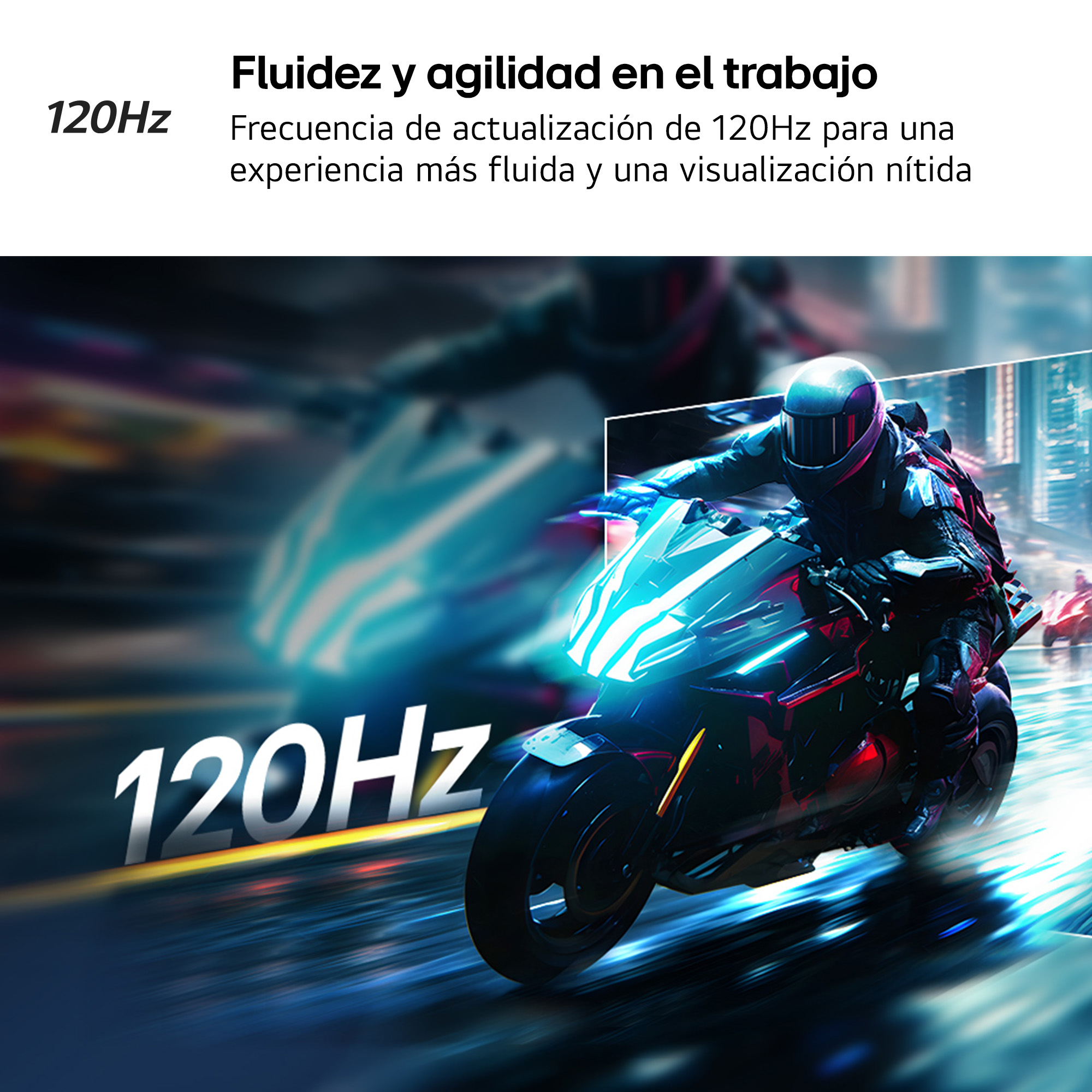 Un motociclista conduce rápido de noche, destacando la pantalla de 120Hz.