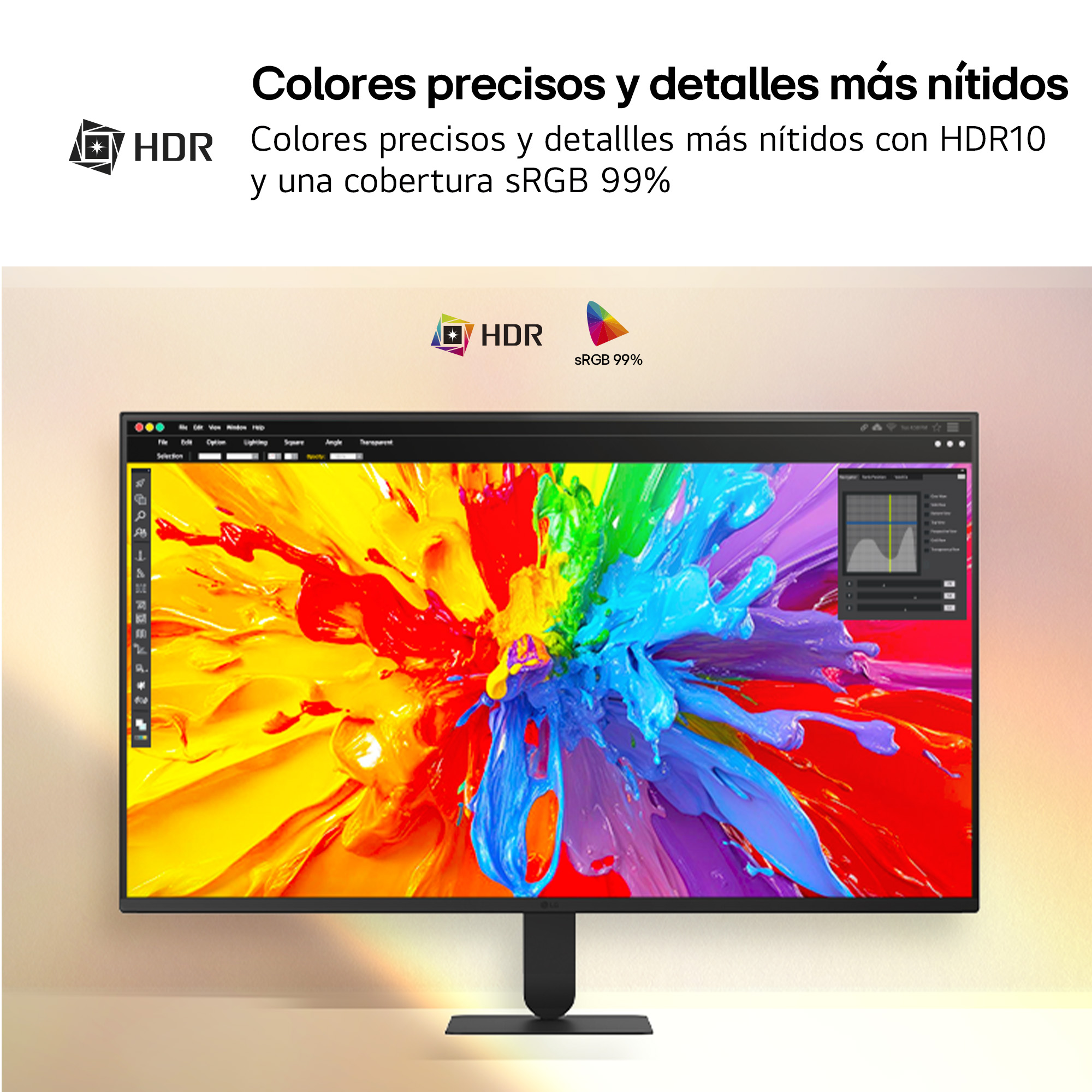 Un monitor de computadora muestra una salpicadura de pintura colorida, con logotipos de HDR y sRGB 99% arriba.