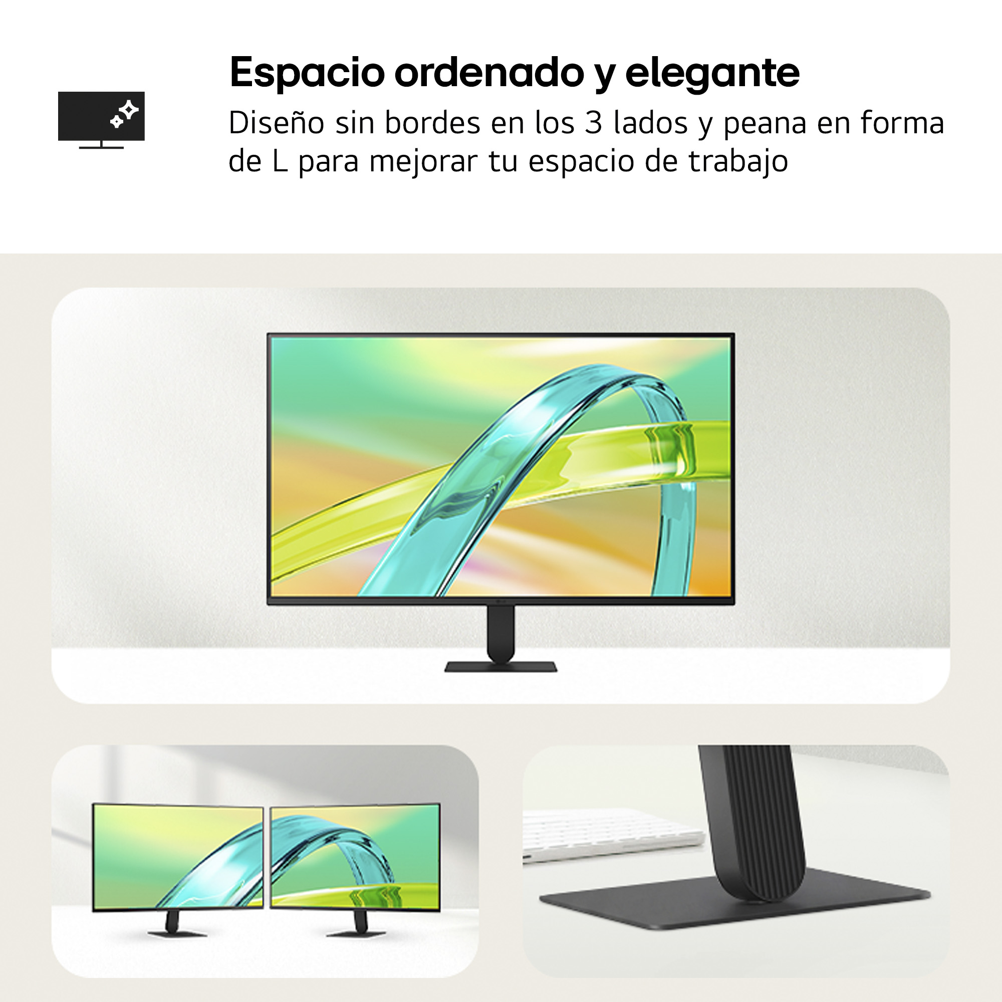 Un monitor con soporte en L, configuración dual y primer plano de la base.