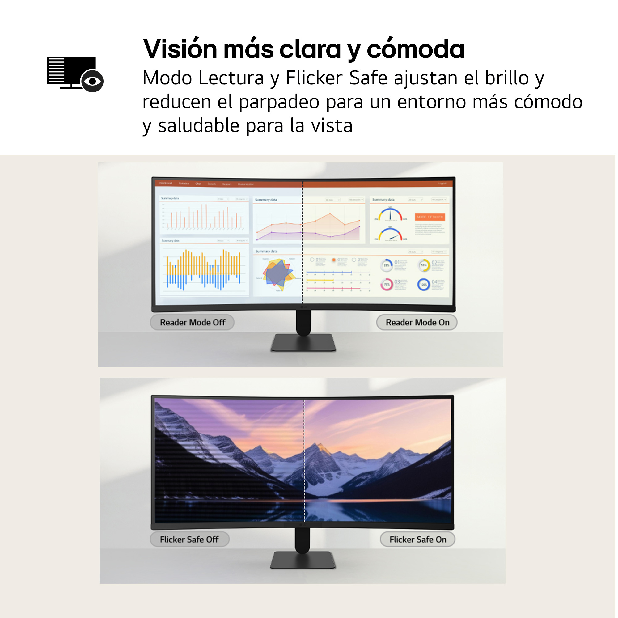 Comparación de monitores que muestra la diferencia con y sin Modo Lectura y Flicker Safe.